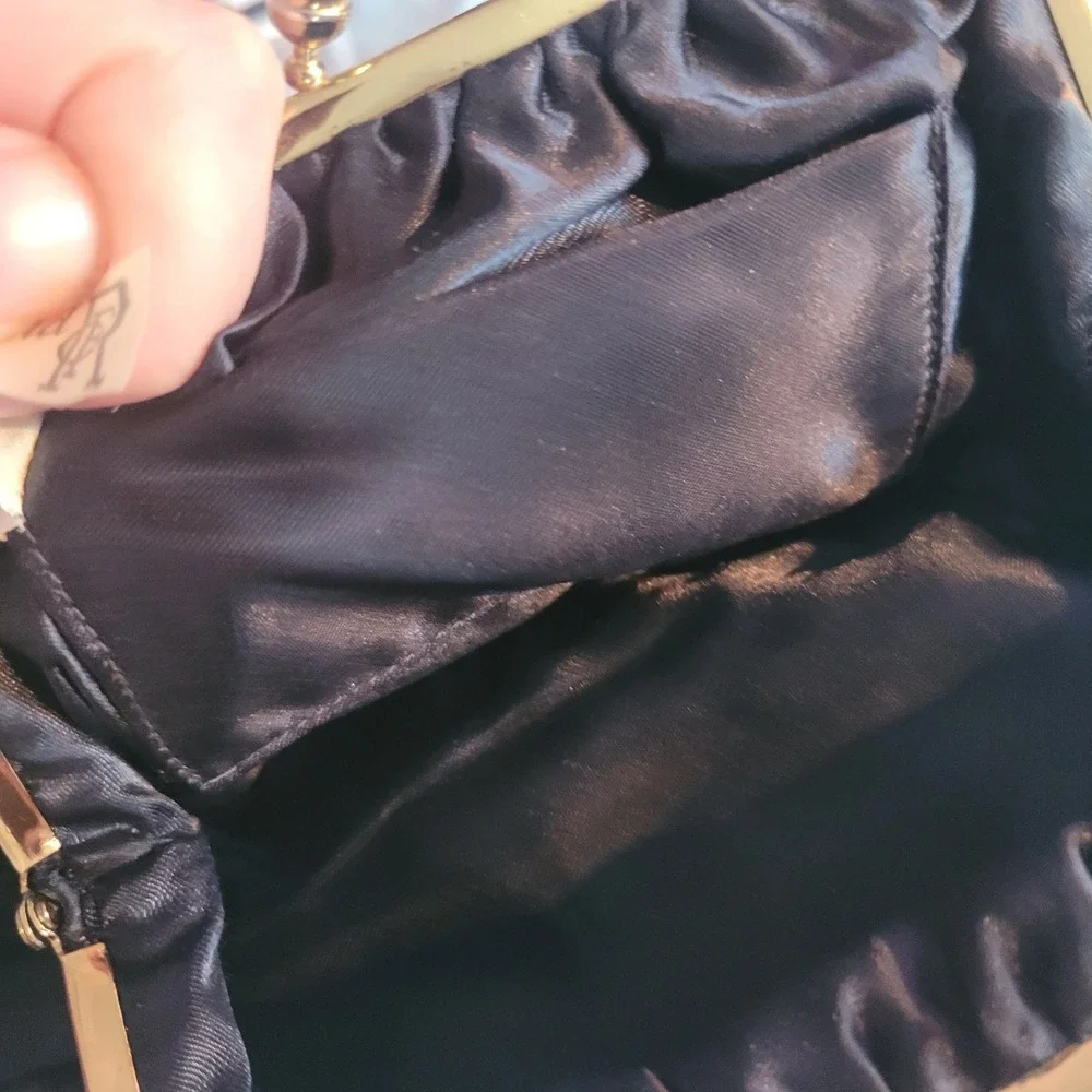 Vintage CFR England Black Satin Evening Clutch Gold Chain Kiss Lock Bag Evening‎